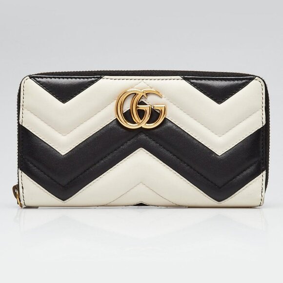 Gucci Handbags - Gucci Black/White Chevron Quilted Leather Marmont Zip Around Wallet